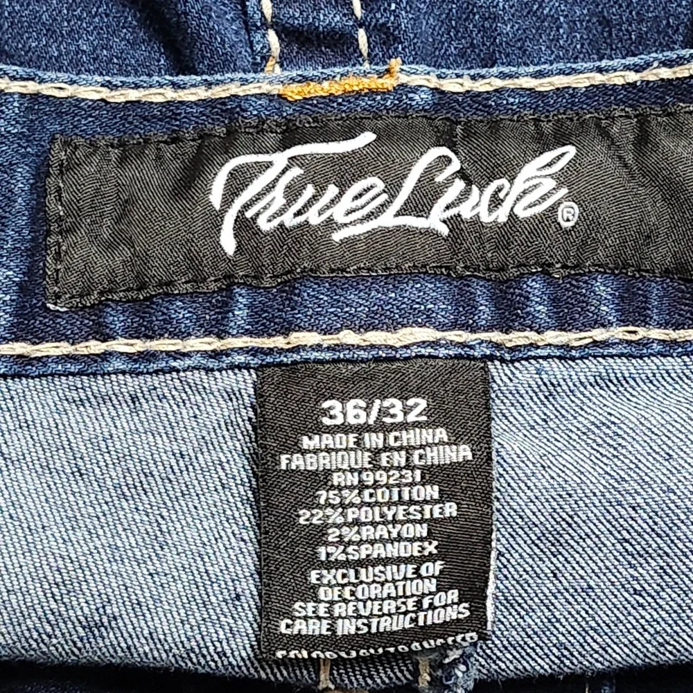 True Luck Mens‎ Jeans 36x29 Hemmed Dark Wash Straight Fit Denim Thick Stitch